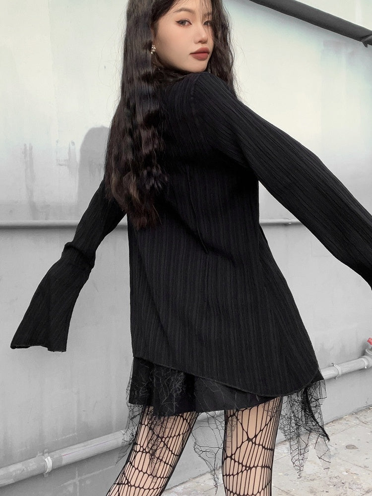 Shirt Cross Hem with Silver Punk Gothic Asymmetric Charms Black