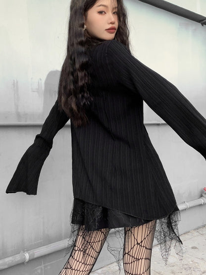 Shirt Cross Hem with Silver Punk Gothic Asymmetric Charms Black