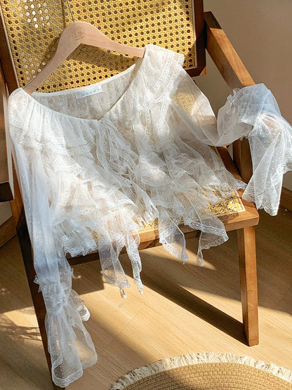 White Top Trim Sleeves Ruffle Long Dotted Sheer Cascading Tulle