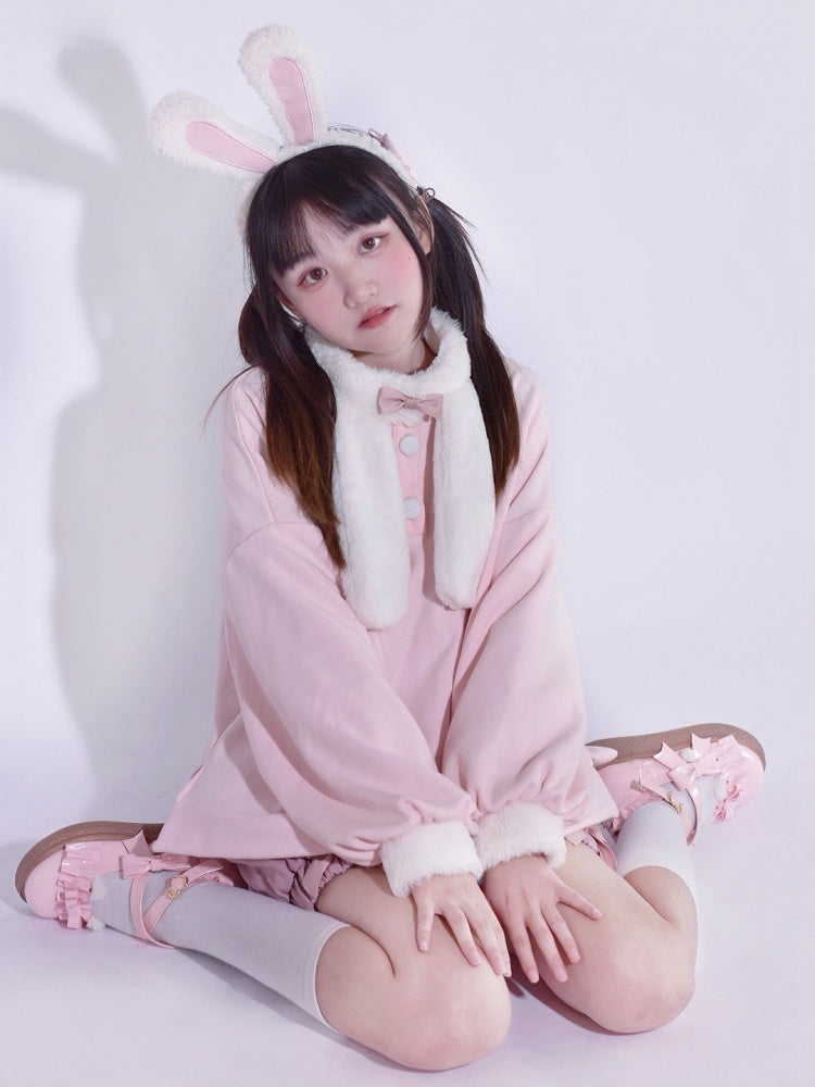 ピンクのかわいいウサギの耳のぬいぐるみ襟スウェットシャツ