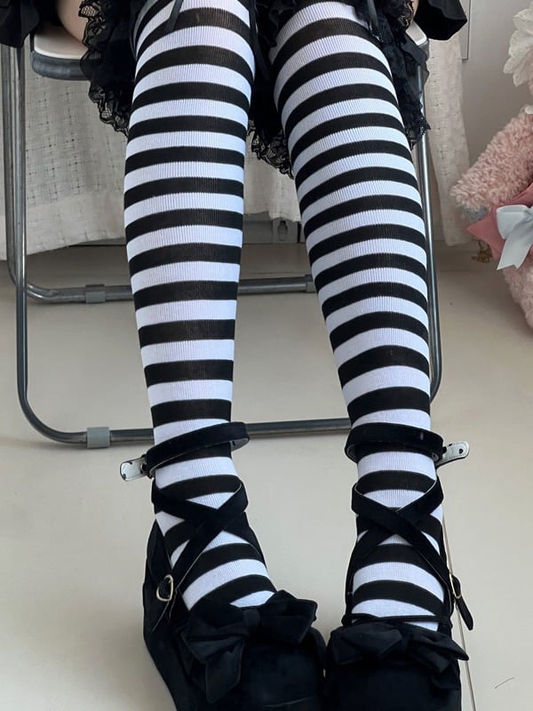Striped Black and White Overknee Stockings with Lace Accents - The Private Collection of Xiaowanzi