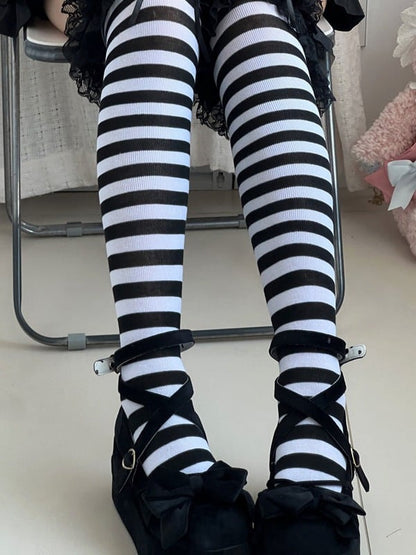 Striped Black and White Overknee Stockings with Lace Accents - The Private Collection of Xiaowanzi