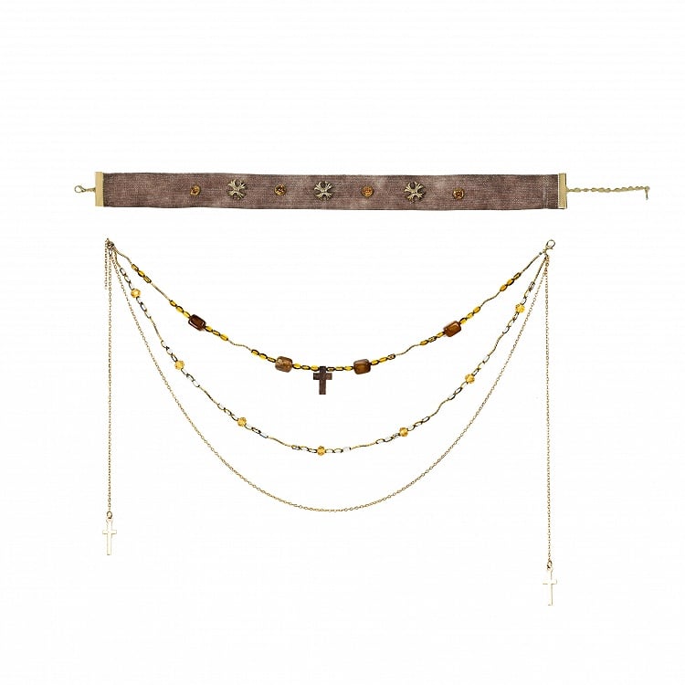 Braune Halskette mit Kreuzanhänger, Punk-Perlen-Halsband mit Ödland