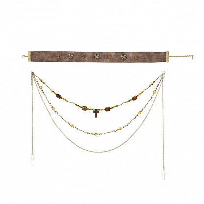 Braune Halskette mit Kreuzanhänger, Punk-Perlen-Halsband mit Ödland
