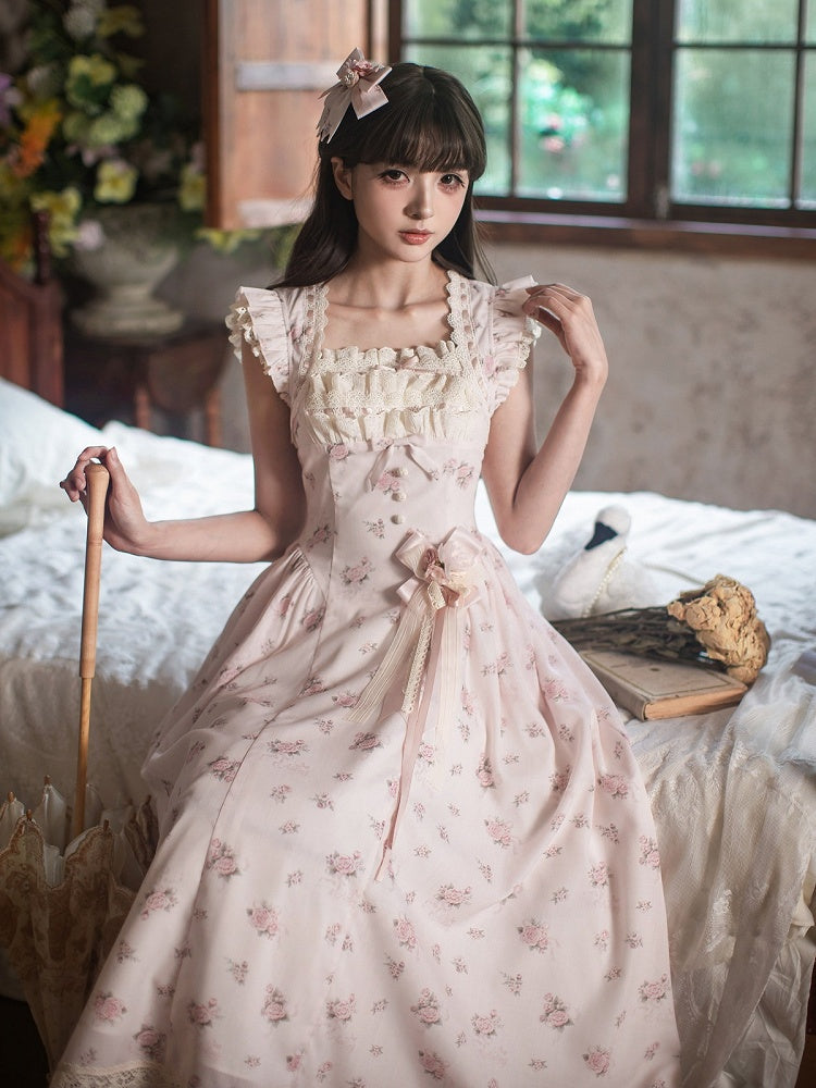 Graceful Pink Floral Lace JSK Dress with Brooch Set