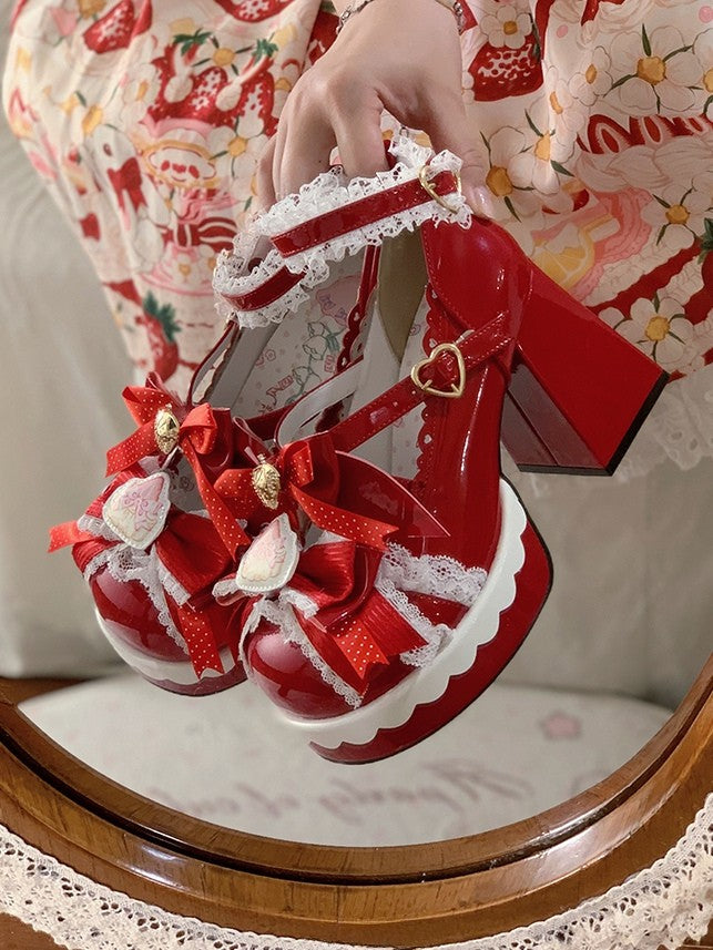 - Bow Lolita High Closure Heels Details Heart Strawberry Modifiable Themed Sweet Block Red