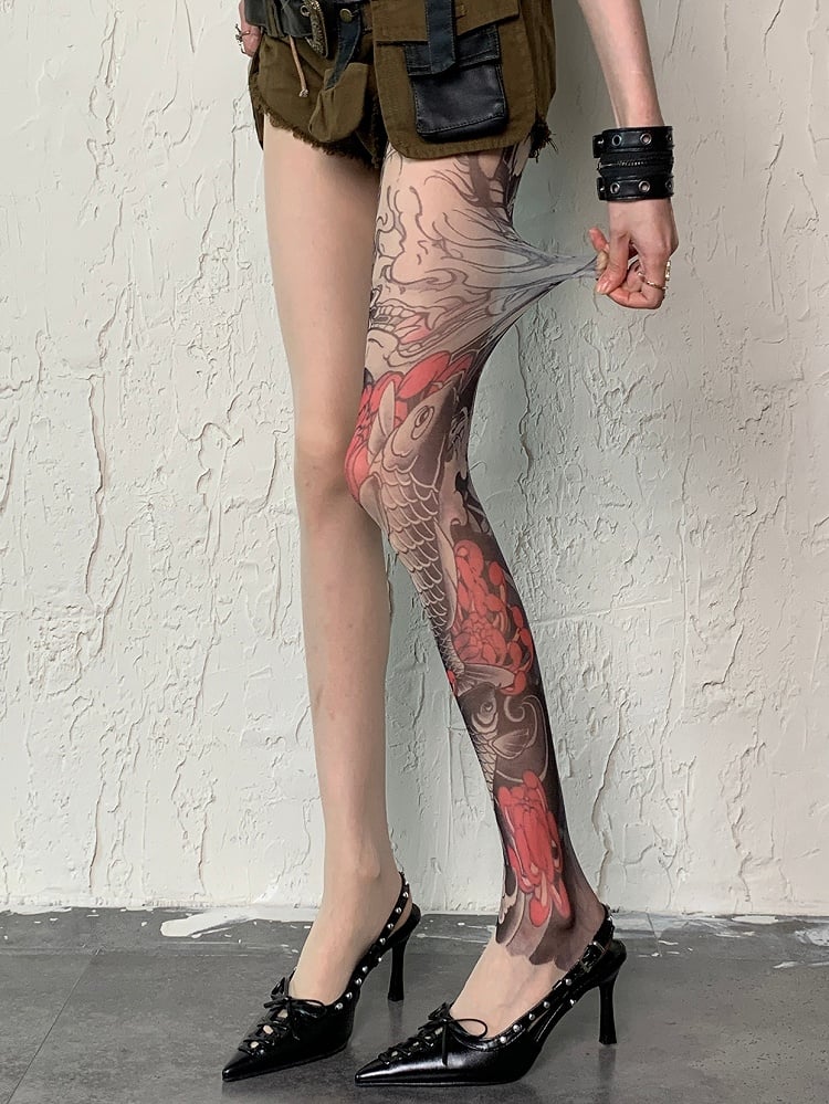 Design Fashion Asymmetrical Gyaru Tattoo Tights Nude Print Fish