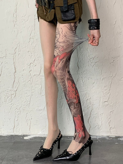 Design Fashion Asymmetrical Gyaru Tattoo Tights Nude Print Fish