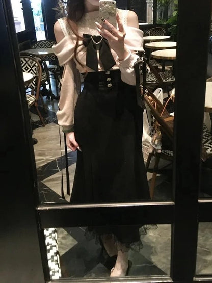 Pink Black Jirai Kei Ties Dress Refined | Crossed Off-the-shoulder Sweet and