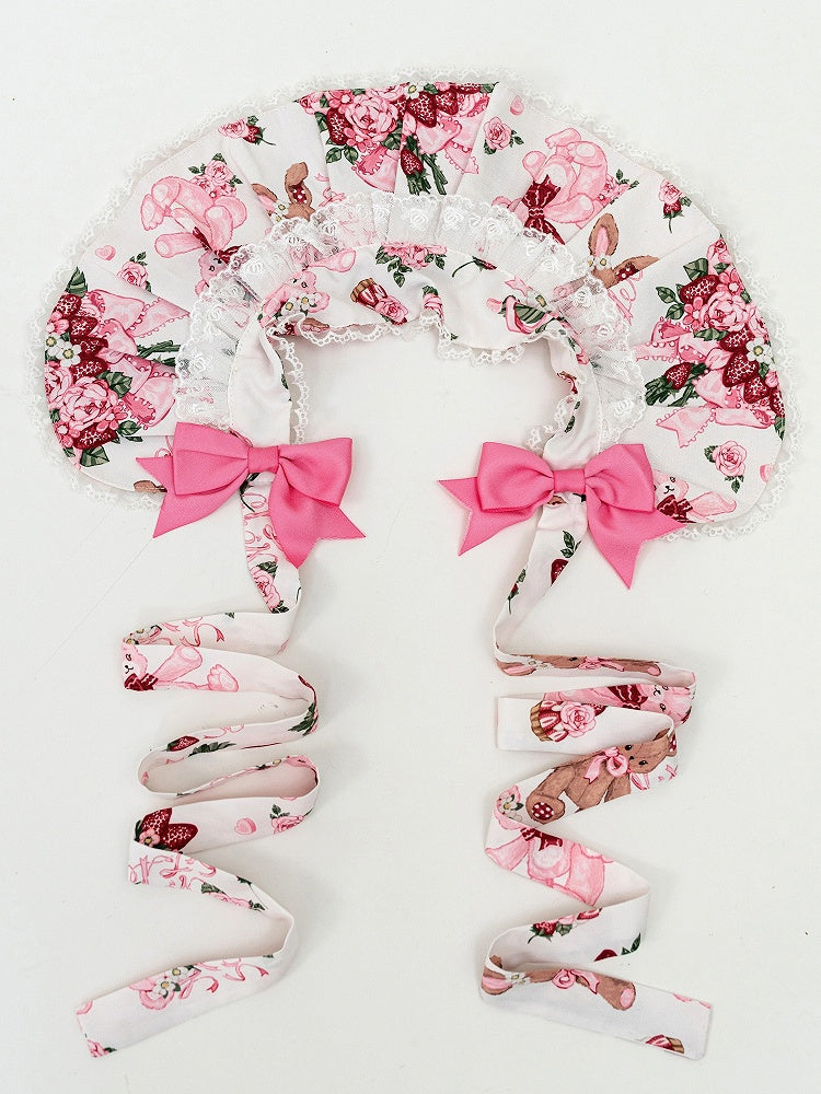 Bear Print Floral Pink/White Bonnet Pink and Sweet Teddy Lolita