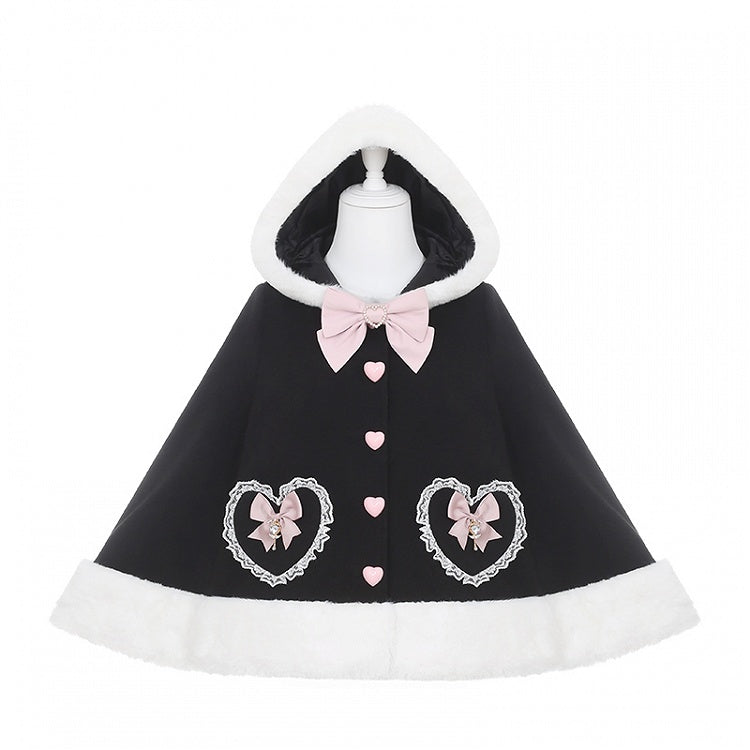 in / Cape Hooded Plush with Trimmed Bow Kei Accents Black Blue Jirai White Applique Pink Sweetheart