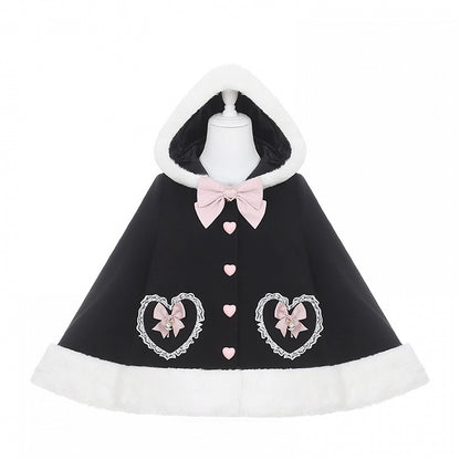 in / Cape Hooded Plush with Trimmed Bow Kei Accents Black Blue Jirai White Applique Pink Sweetheart