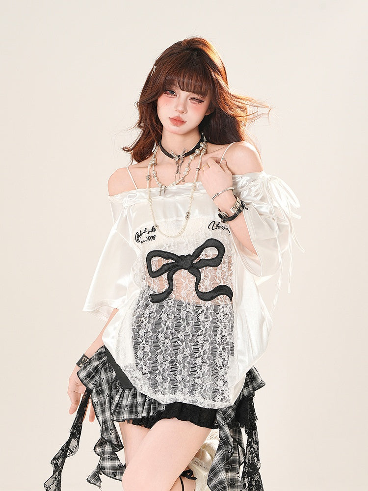Schwarz/Weiß Große Off-the-shoulder T-shirt Spitze Schleife Patches Druck Taille