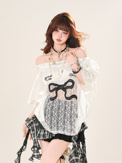 Schwarz/Weiß Große Off-the-shoulder T-shirt Spitze Schleife Patches Druck Taille