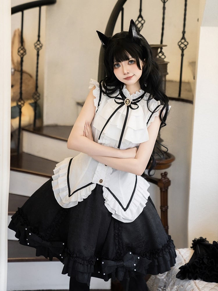 Vintage Elegant Sleeveless Lolita Top & Bow Pearl Accent Skirt Outfit in Black & White - Xiong Dou Jiang
