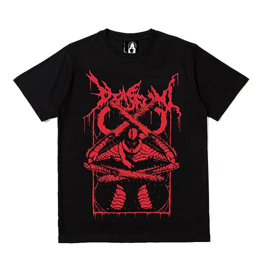 Gothic Black Red Round Print T-Shirt with Neck