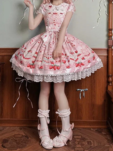 Süßer Kuchenpullover mit Erdbeerdruck und Kleidrock, Lolita, Pink, süß