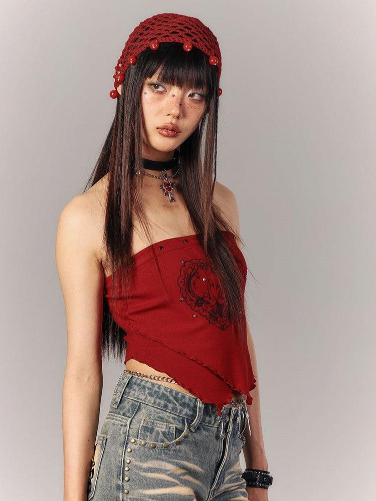 Punk Triangle Crop Y2K Studded Hem Swan Print Neckline Top Red Strapless with Layered