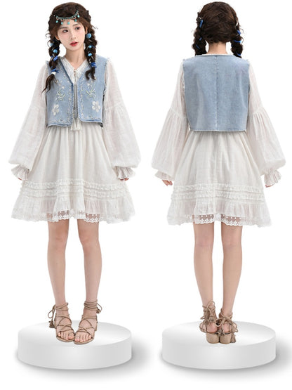 ブルーデニムベスト ウォッシュ加工 ダメージ加工 刺繍 フェードフローラル