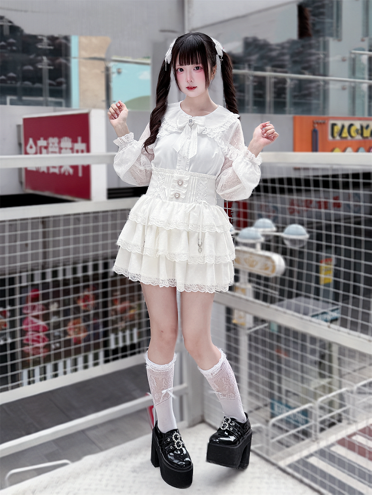 Style Design with Bow Landmine Long-Sleeve White Blouse Tie Cape Lace