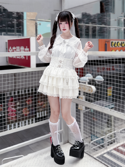Multi-Layer White Ruffle Landmine Lace High-Waisted Style Skirt