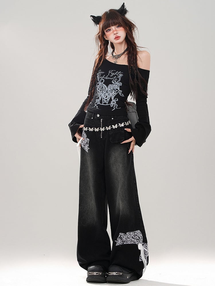 Black Asymmetrical Neckline Graphic Top Lace-up Detail at Waist