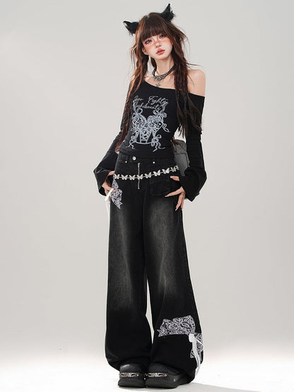 Black Asymmetrical Neckline Graphic Top Lace-up Detail at Waist