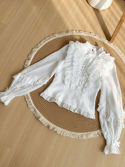 White Balloon Sleeve Blouse with Ruffle Accents and Rose Brooch - With PUJI