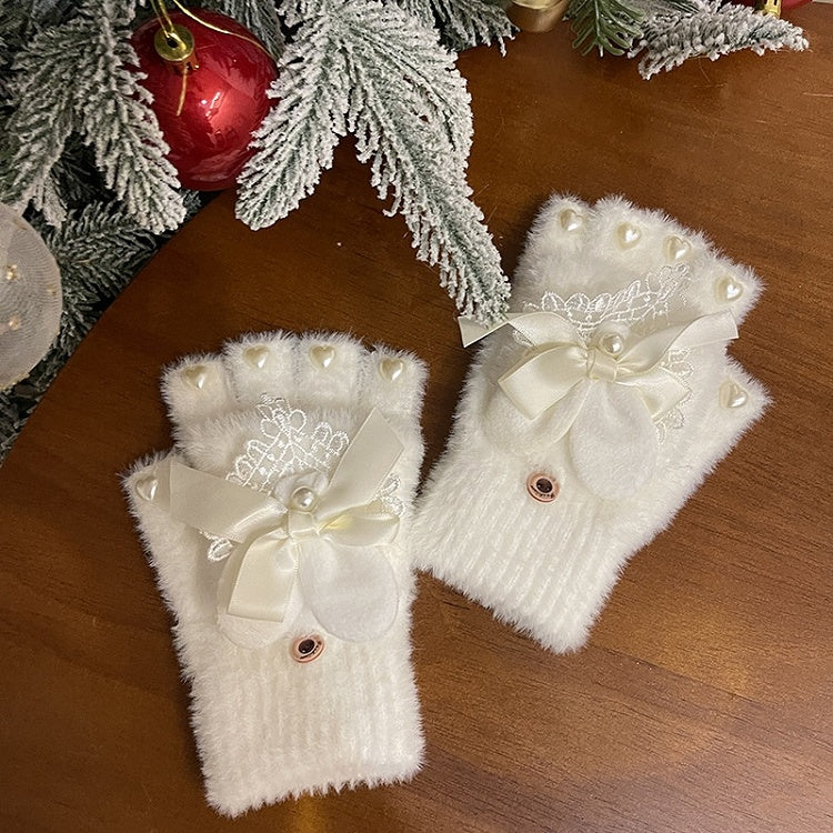 Schwarz/Weiß Niedliche Hasenohren Schleife Herz Perlen Spitze Details Plüschhandschuhe