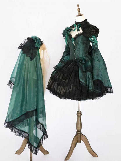 Black and Green Gothic Lolita Boned Corset Top Full Set with Skirt, Collar, Bell Sleeves & Accessories - Somnium Isle