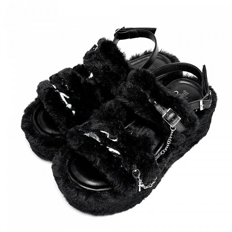 Cross Cat Crying Embroidery Platform Otaku Slippers with Chain Black Detachable Plush -