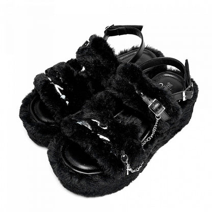 Cross Cat Crying Embroidery Platform Otaku Slippers with Chain Black Detachable Plush -