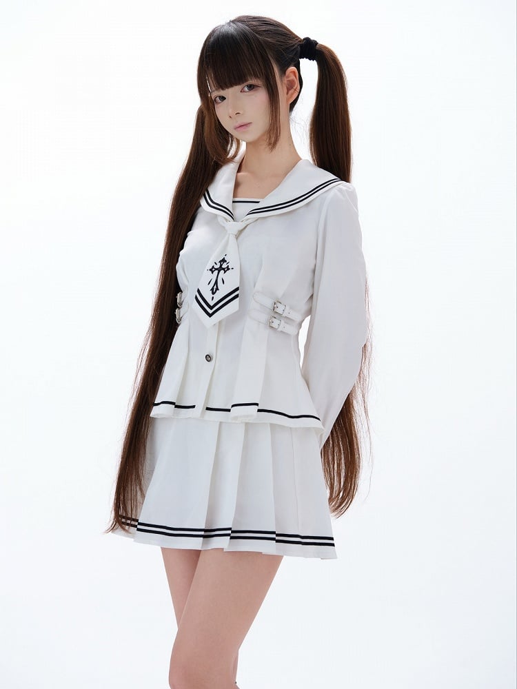 White Long-Sleeve Sailor Collar Top with Neck Tie - Ekomi