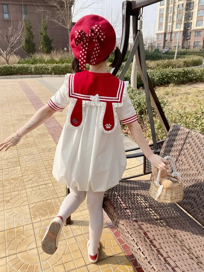 Pink/Red Bubble Adorable Bunny Ear Design Ruffled Sailor Collar Skirt Dress