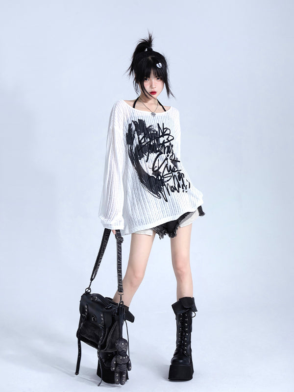 Fit Graffiti Pullover White Knit Print Loose