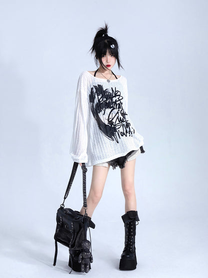 Fit Graffiti Pullover White Knit Print Loose