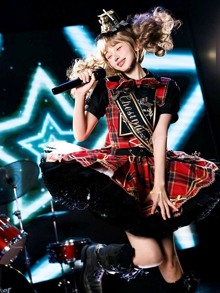 Red Idol Lolita Plaid JSK Dress with Golden Bear Embroidery and Black Scalloped Hem - LiLi Chain