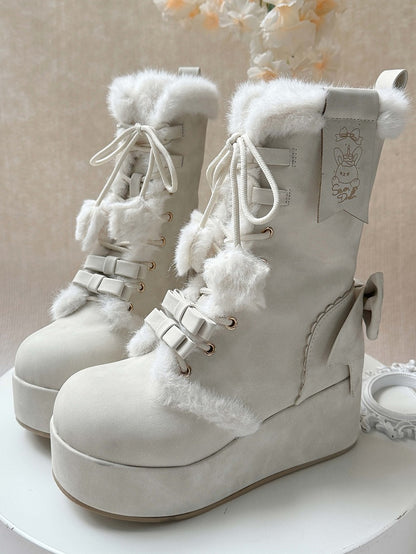 Fleece White Bow Sweet Lining Star Platform Boots Lolita Charm And Pompon Shoelaces for Heart Decor with Winter 4cm -