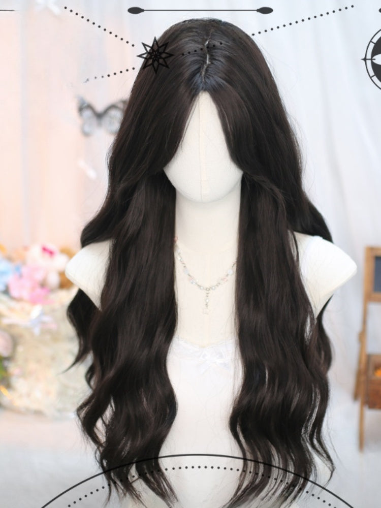 Black Tea Under Bust Length Wavy Wig with Curtain Bangs
