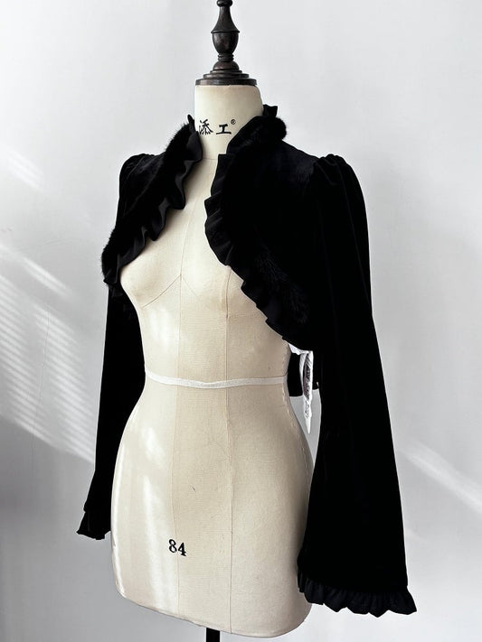 Black Gothic Lolita Plush Trimming Velvet Long Sleeves Bolero Top