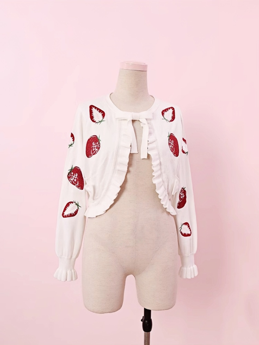 Süße Strickjacke Erdbeerdruck Beige Rüschensaum Lolita