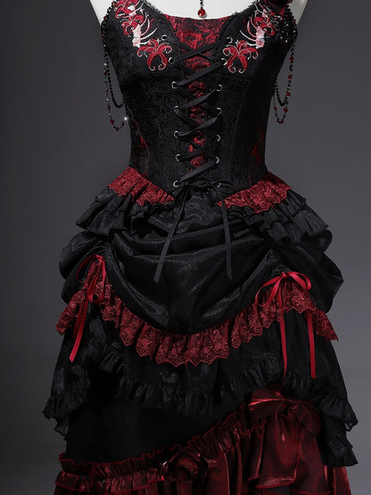 Black Red Gothic Corset Top and Skirt Set with Choker - Xiong Dou Jiang