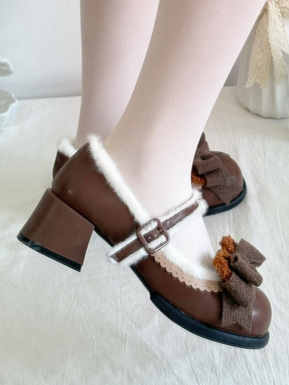 Chocolate Regular/Thicken Scalloped with Version - Sweet Bear-themed Lolita Trim Low/Mid Bow Removable Ornate Heels