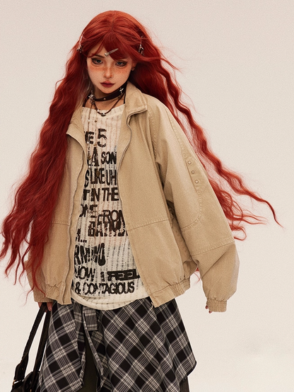 デザイン バンドカラー フェードウォッシュ ダメージ加工 ブルー/アプリコット ジャケット 秋 ジップアップ