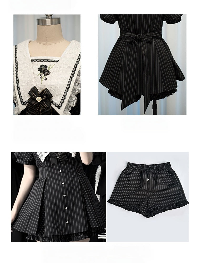 Black Striped Sailor Collar Short-Sleeve Dress with Cherry Blossom Embroidery and Matching Shorts - Dream Core Waves