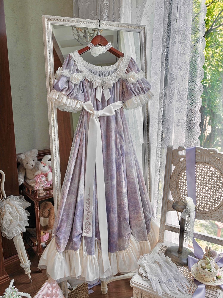 Klassisches Empire Maxi-Stück Lila Lolita Öl Eine Elegante Taille Malerei Kleid Druck