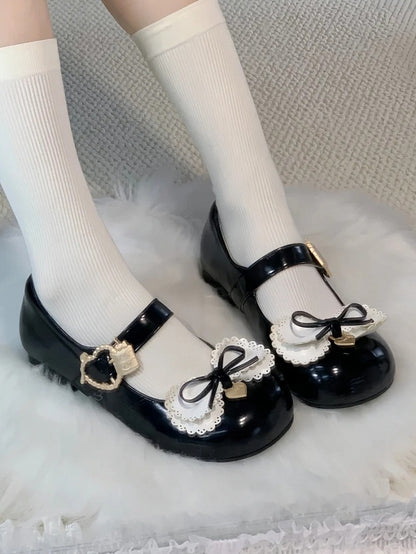 Sweet Black Heart Bow Low-Heel Cake Shoes Lolita Buckle with Multilayer Accent