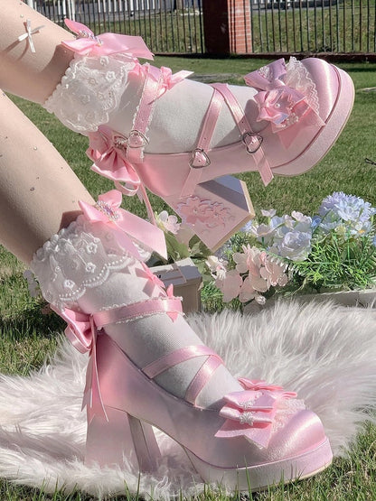 Details Crisscross - Embroidered High Pink with Platform Bow Design Floral Lolita Heel Sweet Block Shoes