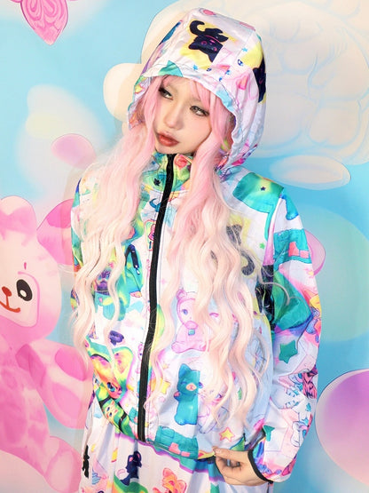 Y2K Hoodie Green Jacket Print Sun Cat Protection