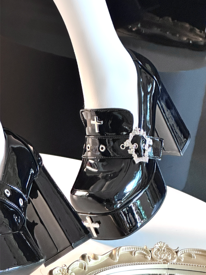 Heel High in Coffin Buckle Gothic with Black Shoes Polished Platform Block 11/13cm